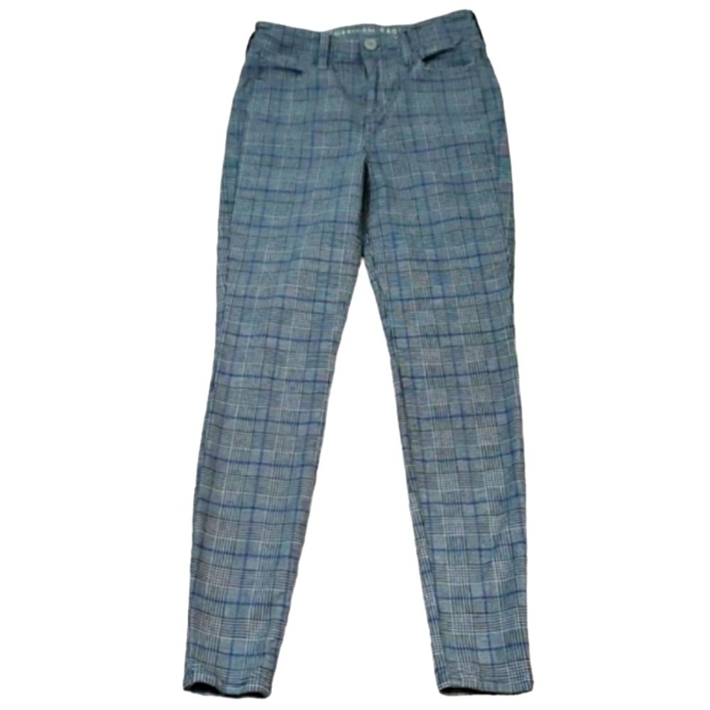 American Eagle~Woman Size 0~White/Blue Plated Print Super Stretch Pants.